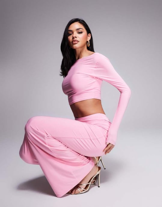 Kaiia exclusive double layered slinky long sleeve low back top co-ord in pink - Image 1
