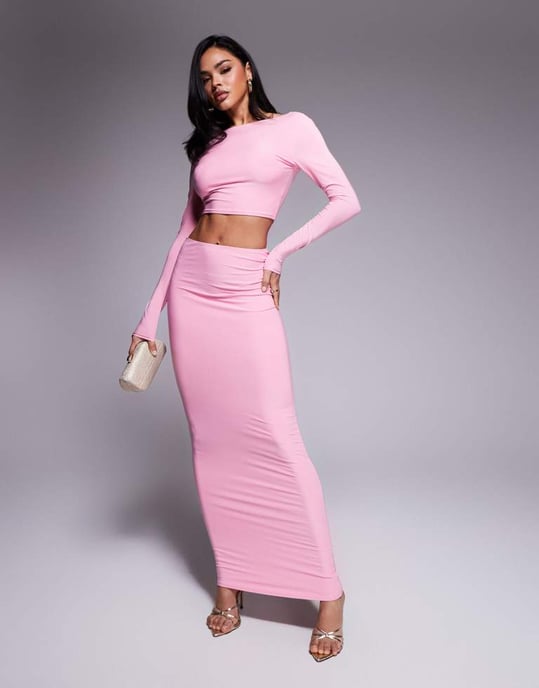 Kaiia exclusive double layered slinky long sleeve low back top co-ord in pink - Image 3