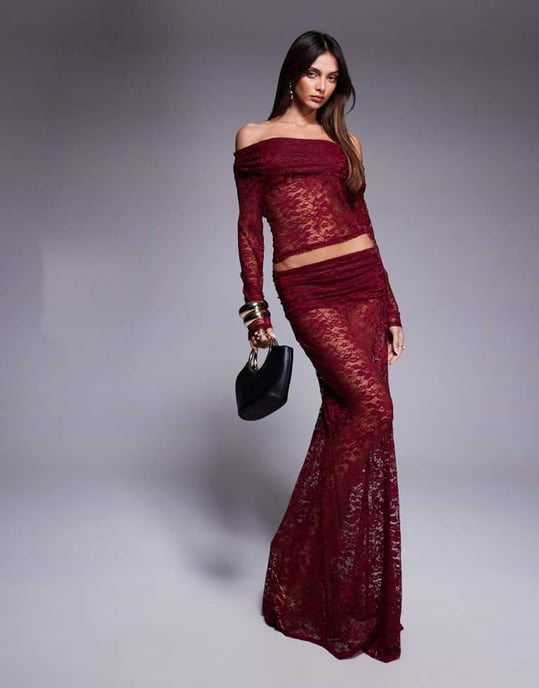 ASOS DESIGN co-ord lace off the shoulder long sleeve top in burgundy - Image 3