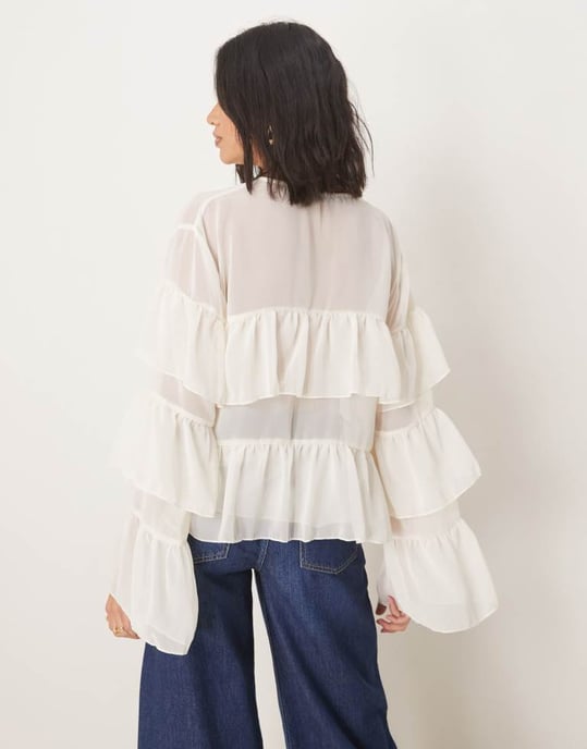 ASOS DESIGN chiffon boho ruffle blouse in cream - Image 2