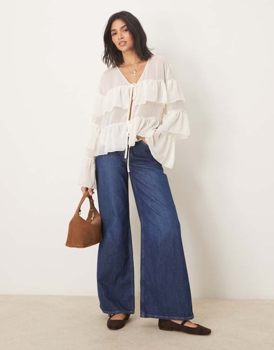 ASOS DESIGN chiffon boho ruffle blouse in cream - Image 4