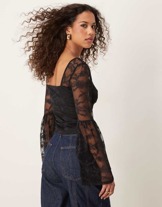 ASOS DESIGN lace top with gathered flared sleeves in black - Image 3