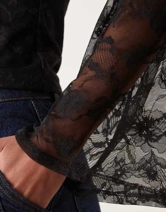 ASOS DESIGN lace top with gathered flared sleeves in black - Image 4
