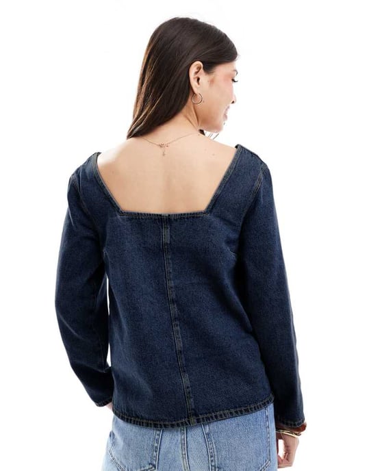 ASOS DESIGN denim sydd långärmad topp i mörk indigo - Image 2