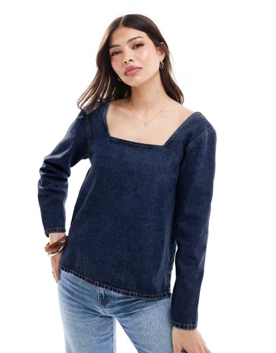 ASOS DESIGN denim sydd långärmad topp i mörk indigo - Image 4