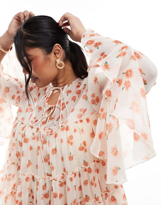 ASOS DESIGN curve tie front tiered blouse with ruffle cuffs in floral print - Image 2