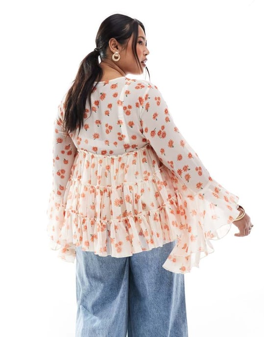 ASOS DESIGN curve tie front tiered blouse with ruffle cuffs in floral print - Image 3