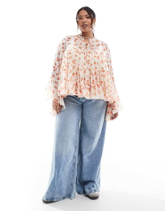 ASOS DESIGN curve tie front tiered blouse with ruffle cuffs in floral print - Image 4