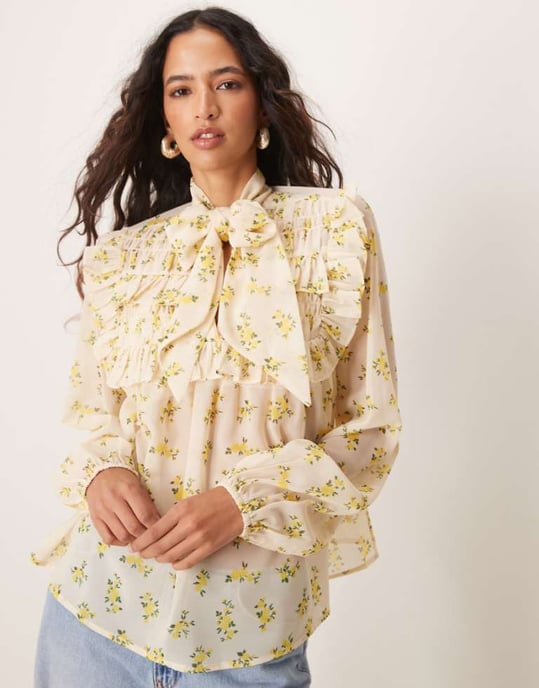 ASOS DESIGN tie neck shirred frill detail top in floral print - Image 1