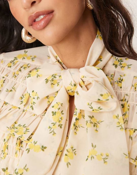 ASOS DESIGN tie neck shirred frill detail top in floral print - Image 2