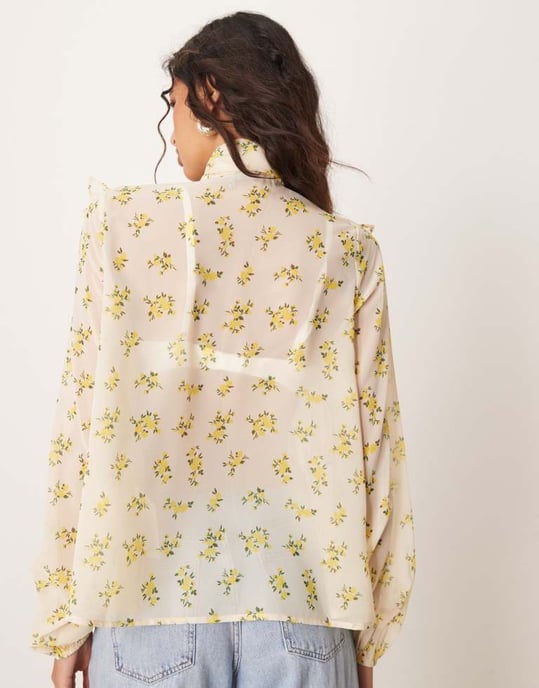 ASOS DESIGN tie neck shirred frill detail top in floral print - Image 3