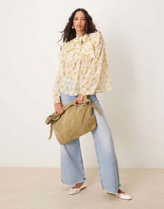 ASOS DESIGN tie neck shirred frill detail top in floral print - Image 4
