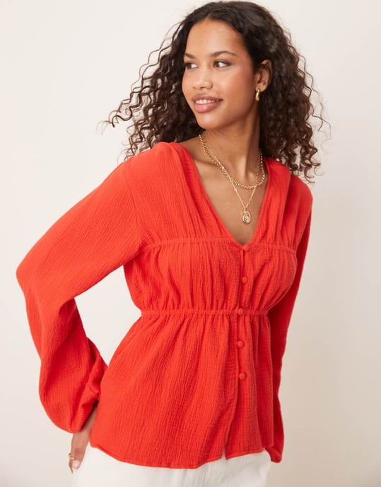 ASOS DESIGN long sleeve smock top with button front in red - Image 1