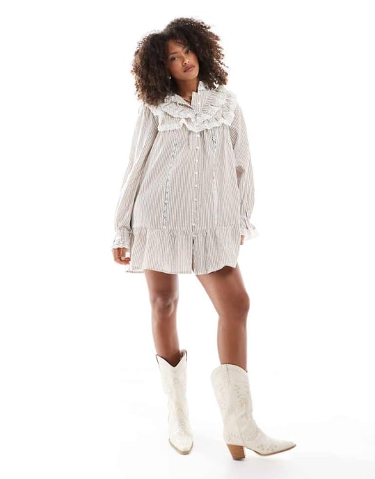 Miss Selfridge western frill detail shirt dress in stripe print - Image 1
