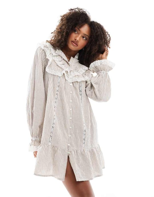 Miss Selfridge western frill detail shirt dress in stripe print - Image 2