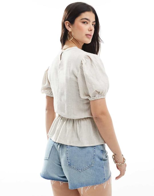 ASOS DESIGN linen look peplum top with puff sleeve in stone - Image 2