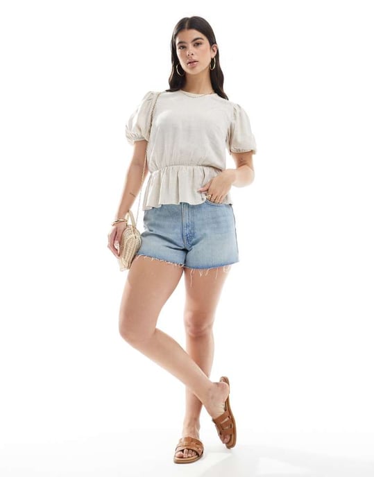 ASOS DESIGN linen look peplum top with puff sleeve in stone - Image 3