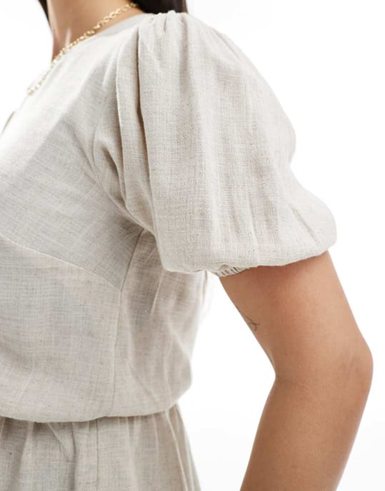ASOS DESIGN linen look peplum top with puff sleeve in stone - Image 4