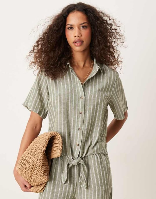 JDY knot front shirt co-ord in sage stripe - Image 1