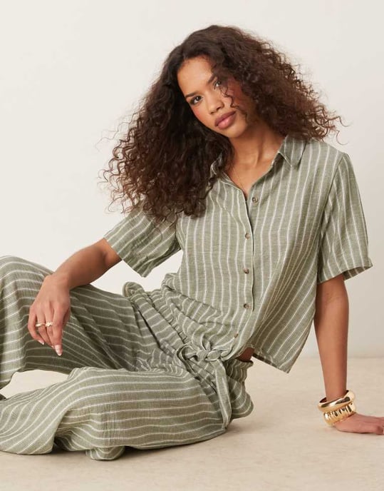 JDY knot front shirt co-ord in sage stripe - Image 2