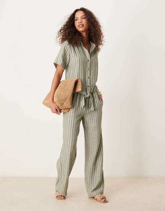 JDY knot front shirt co-ord in sage stripe - Image 3