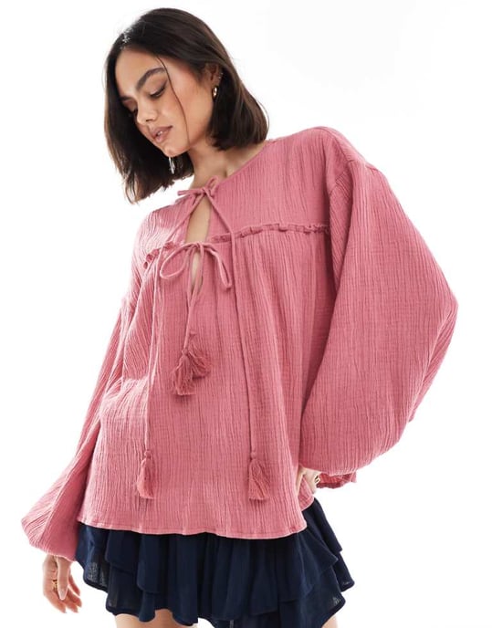 ASOS DESIGN textured cotton smock top with tie detail in rose pink - Image 1