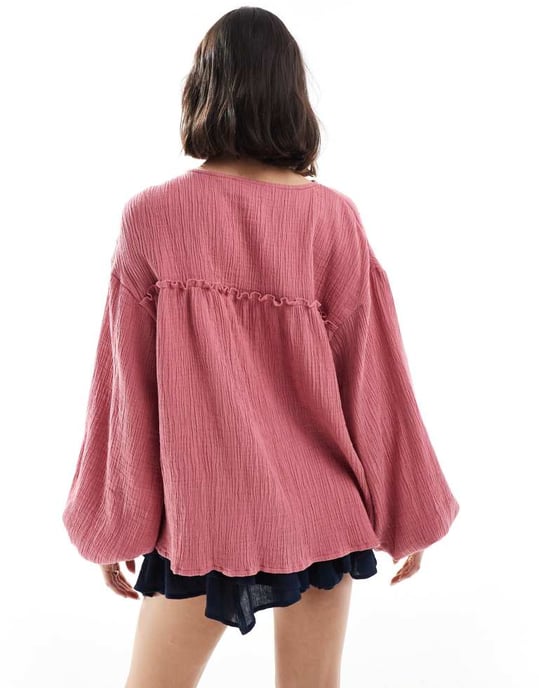 ASOS DESIGN textured cotton smock top with tie detail in rose pink - Image 2