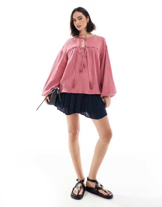 ASOS DESIGN textured cotton smock top with tie detail in rose pink - Image 3
