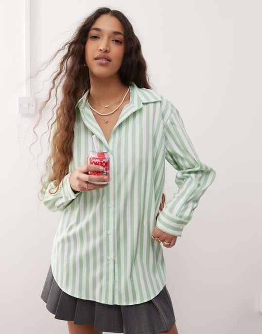 Miss Selfridge oversized skjorta i grönrandig - Image 4