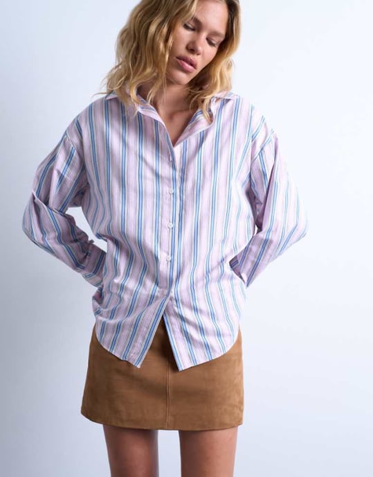 Topshop oversized shirt in pink & blue stripe - Image 1