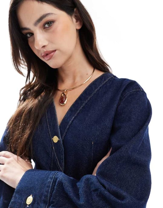 ASOS DESIGN collarless v neck denim shirt in rinse co-ord - Image 2