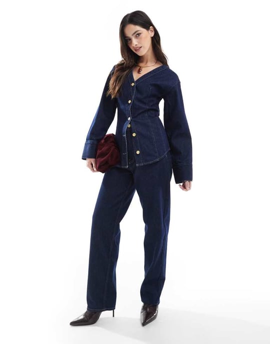 ASOS DESIGN collarless v neck denim shirt in rinse co-ord - Image 3