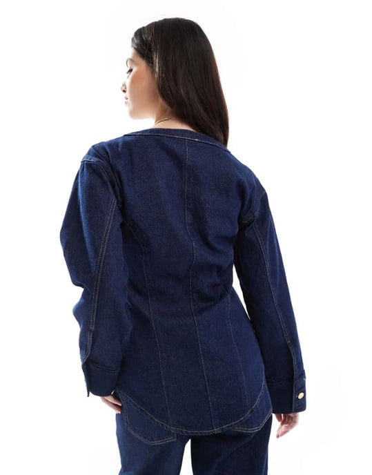 ASOS DESIGN collarless v neck denim shirt in rinse co-ord - Image 4