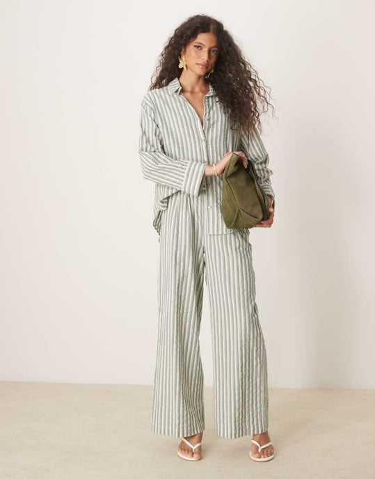 Nobody's Child Tamar linen shirt co-ord in beige stripe - Image 1