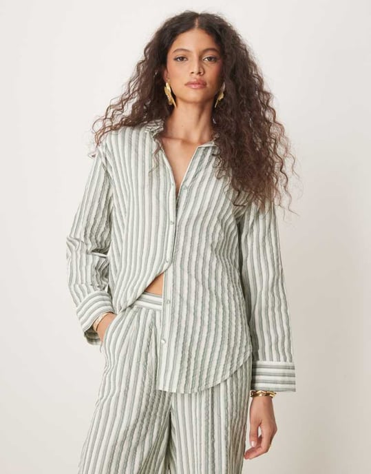 Nobody's Child Tamar linen shirt co-ord in beige stripe - Image 3