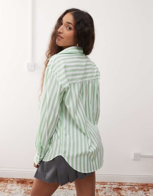 Miss Selfridge oversized shirt in green stripe - Image 3