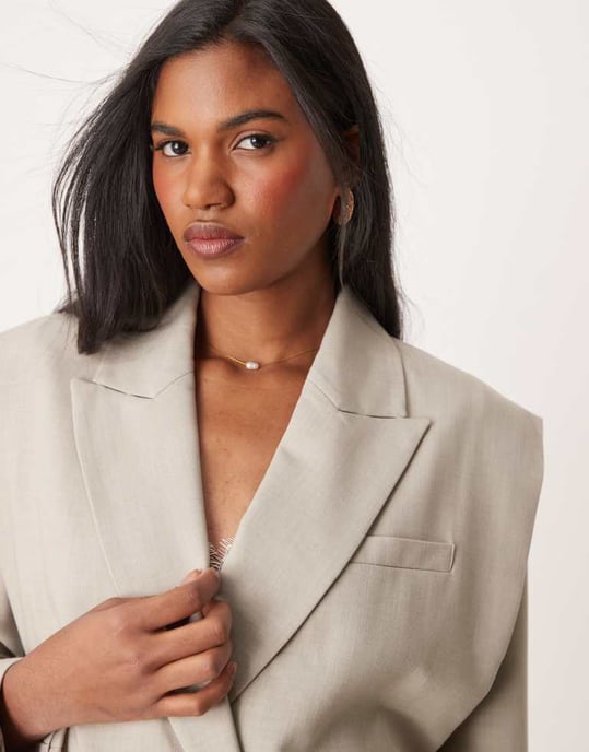 ASOS DESIGN boxy shoulder detail blazer in stone - Image 3