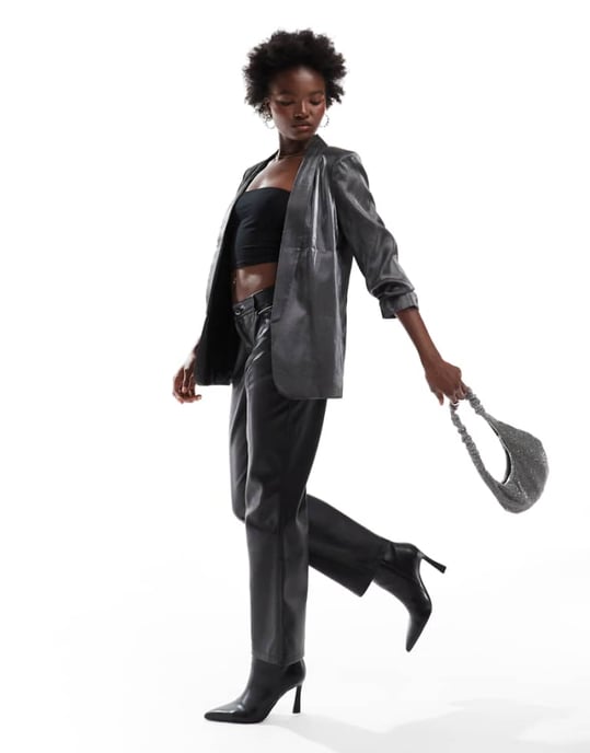 Pieces ruched sleeve blazer in metallic black - Image 1