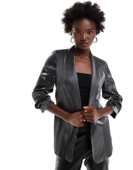 Pieces ruched sleeve blazer in metallic black - Image 3