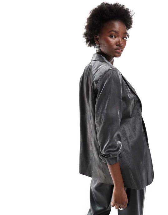 Pieces ruched sleeve blazer in metallic black - Image 4