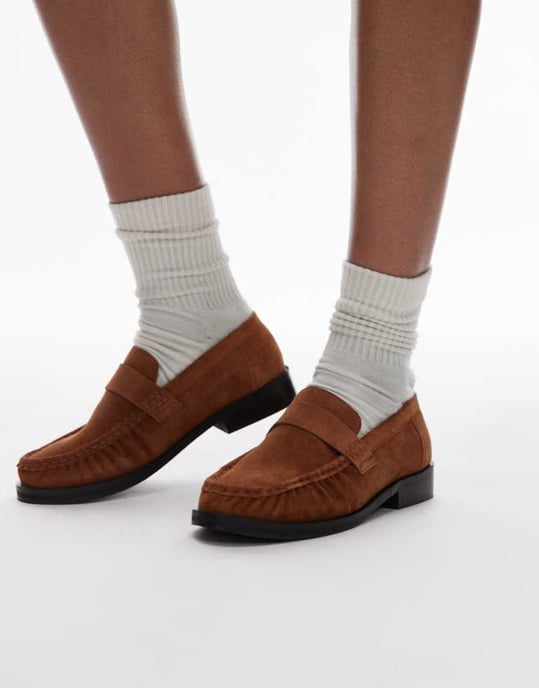 Topshop Carey suede loafers with ruched detail in tan - Image 1
