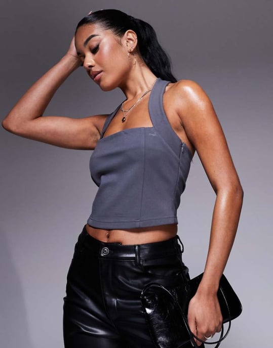 ASOS DESIGN Premium ponte halter neck top in charcoal - Image 1