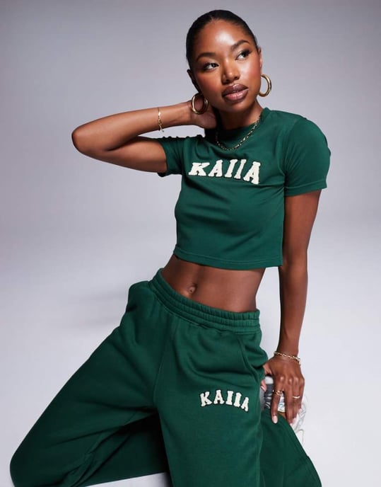 Kaiia cotton rich borg logo baby tee co-ord in forest green - Image 1