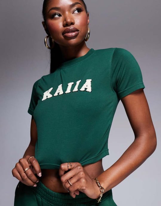 Kaiia cotton rich borg logo baby tee co-ord in forest green - Image 2