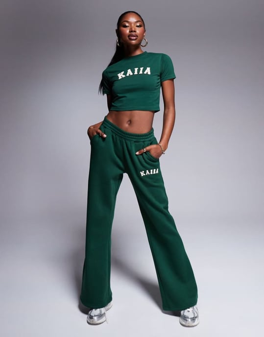 Kaiia cotton rich borg logo baby tee co-ord in forest green - Image 3