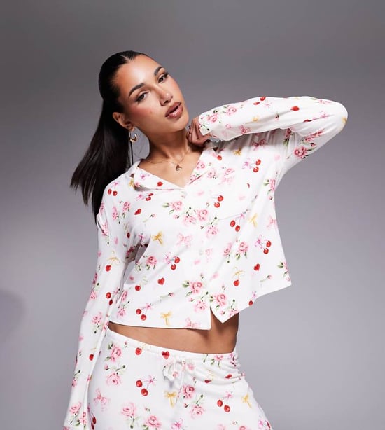 Kaiia exclusive mix & match pyjama shirt co-ord in cherry rose bow print - Image 1