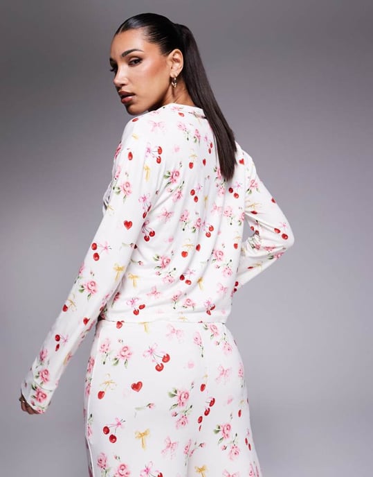 Kaiia exclusive mix & match pyjama shirt co-ord in cherry rose bow print - Image 3
