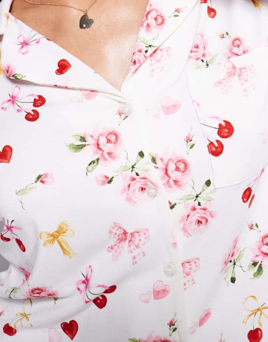 Kaiia exclusive mix & match pyjama shirt co-ord in cherry rose bow print - Image 4