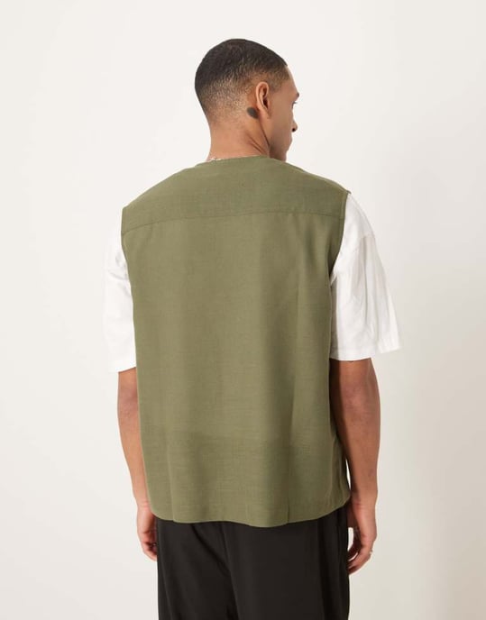 ASOS DESIGN sleeveless deep V neck regular shirt in khaki - Image 3