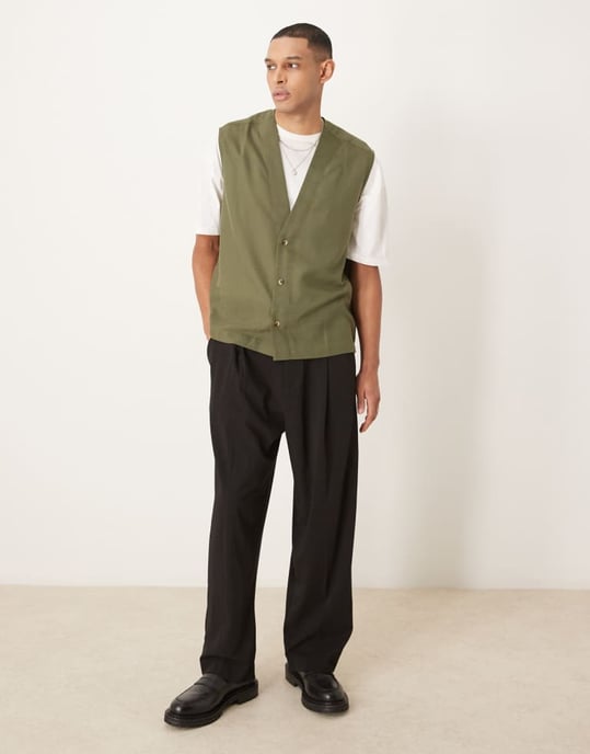 ASOS DESIGN sleeveless deep V neck regular shirt in khaki - Image 4